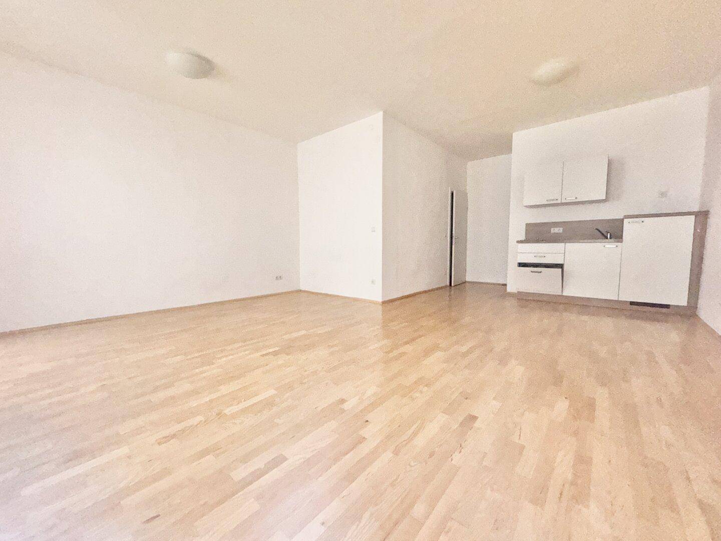 Helles Wohnzimmer mit Parkettboden und integrierter Küchenzeile in modernem Stil.