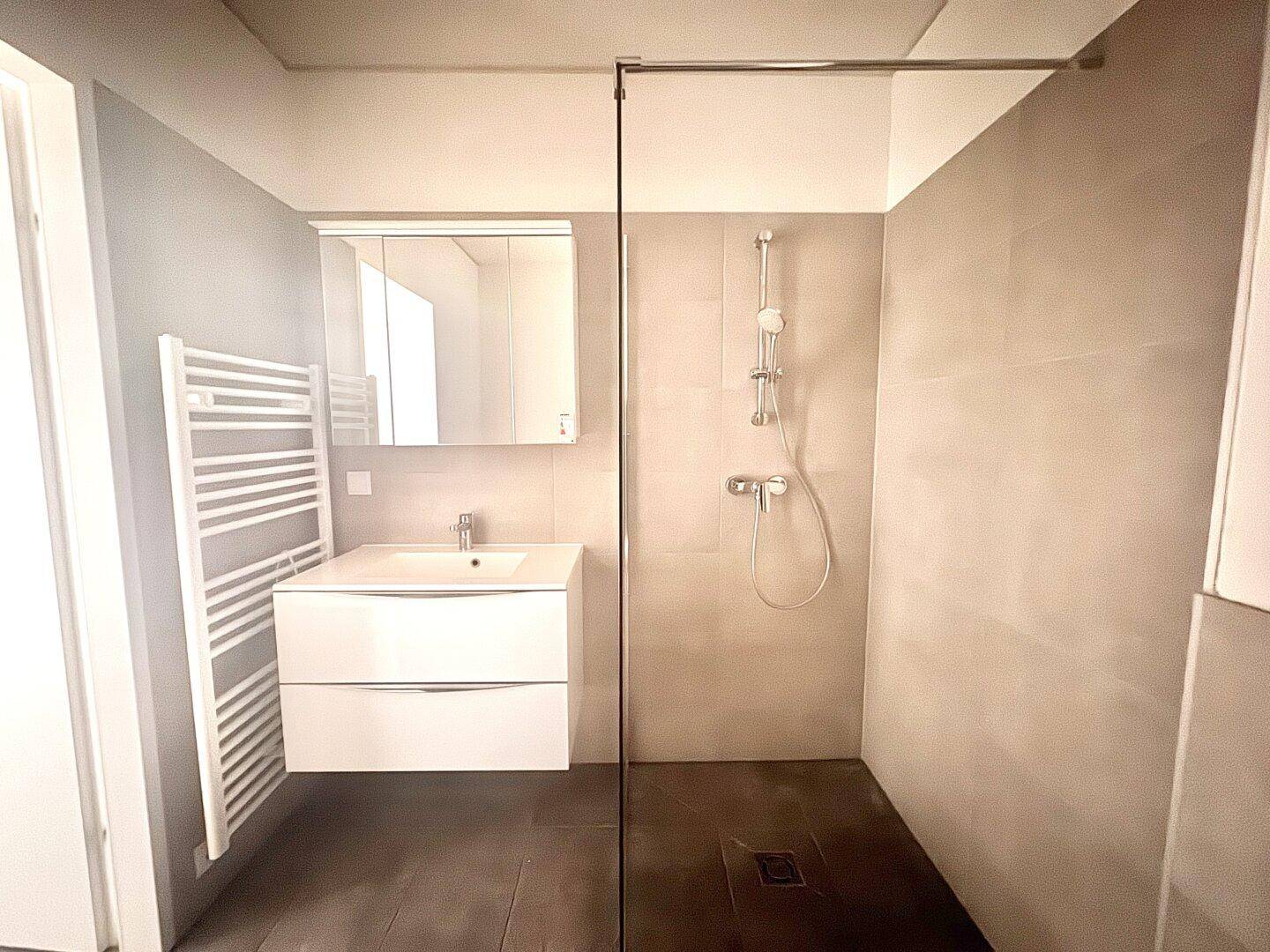 Modernes Badezimmer mit ebenerdiger Dusche, Waschbecken und beheiztem Handtuchhalter.