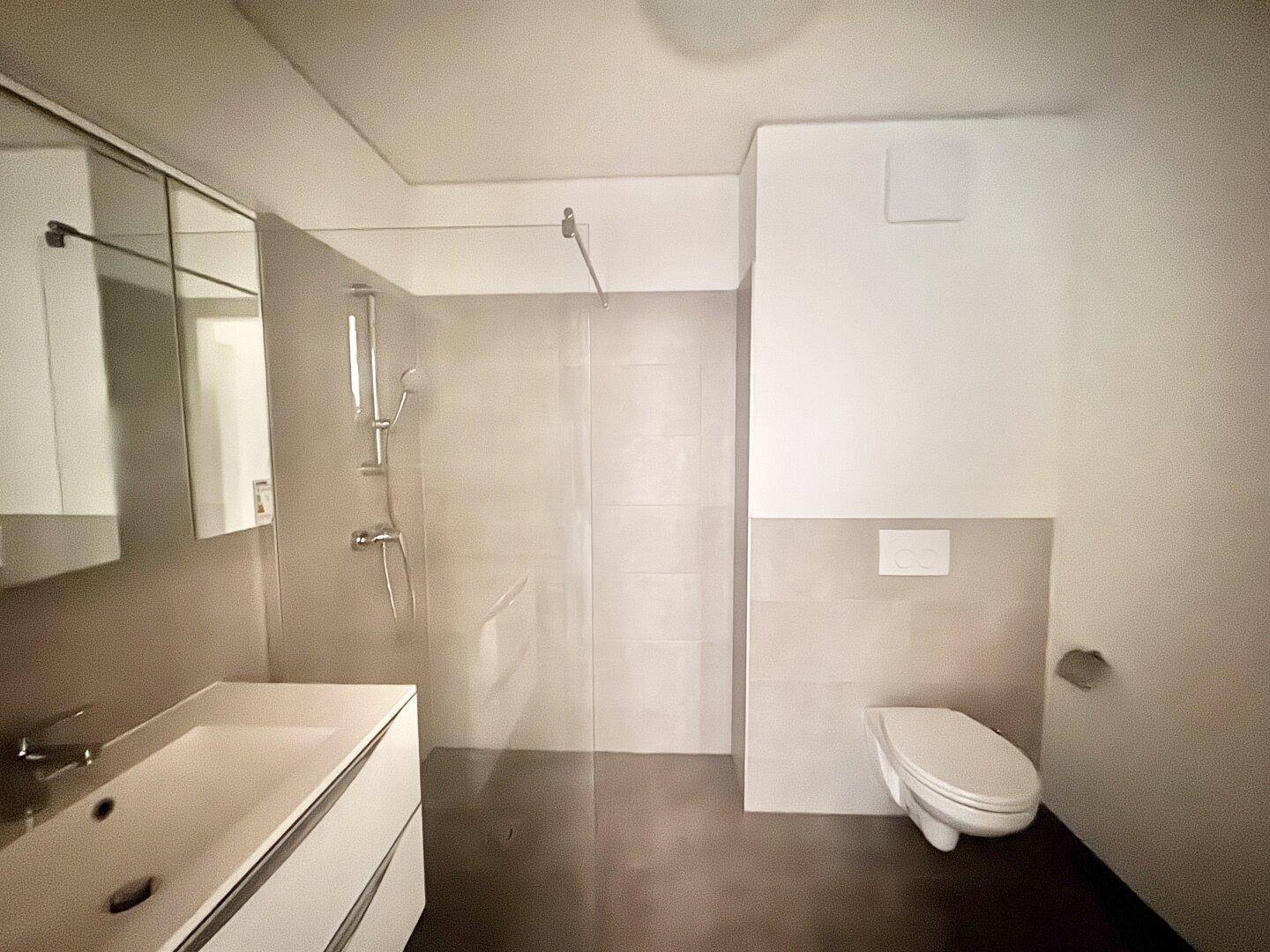 Zeitgemäßes Badezimmer mit Duschbereich, wandhängendem WC und modernem Waschtisch.