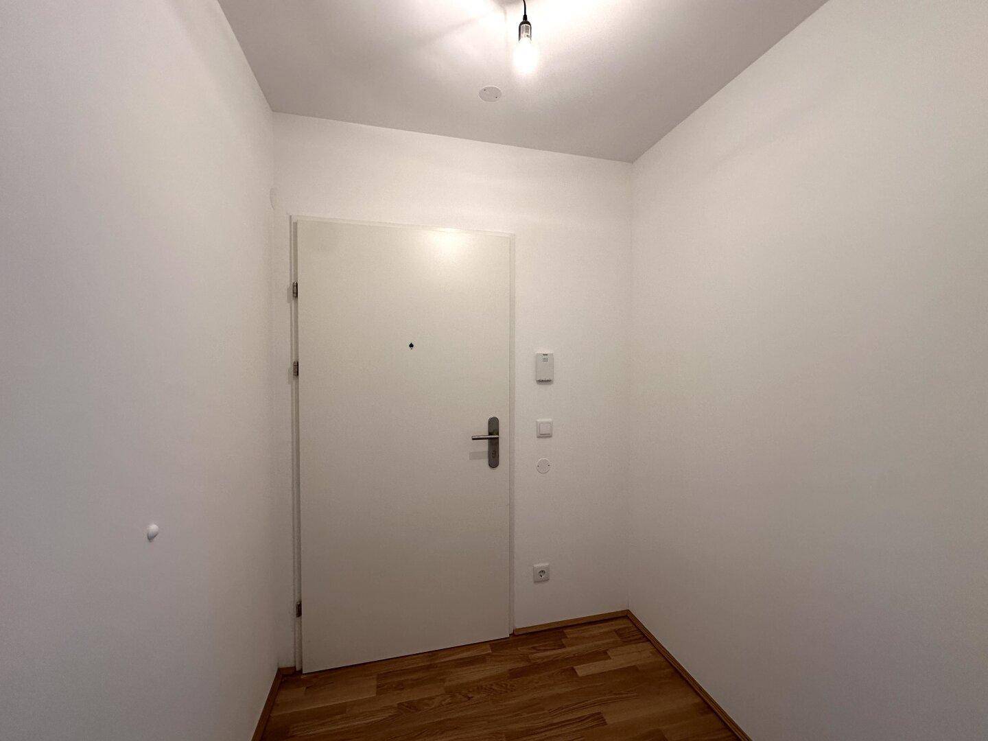 Heller Eingangsbereich mit Holzboden und weißer Eingangstür in modernem Design.