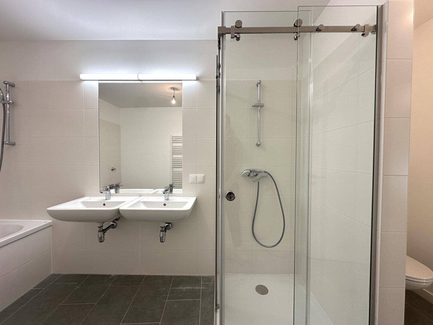 Modernes Badezimmer mit begehbarer Dusche, Doppelwaschbecken und großem Spiegel.
