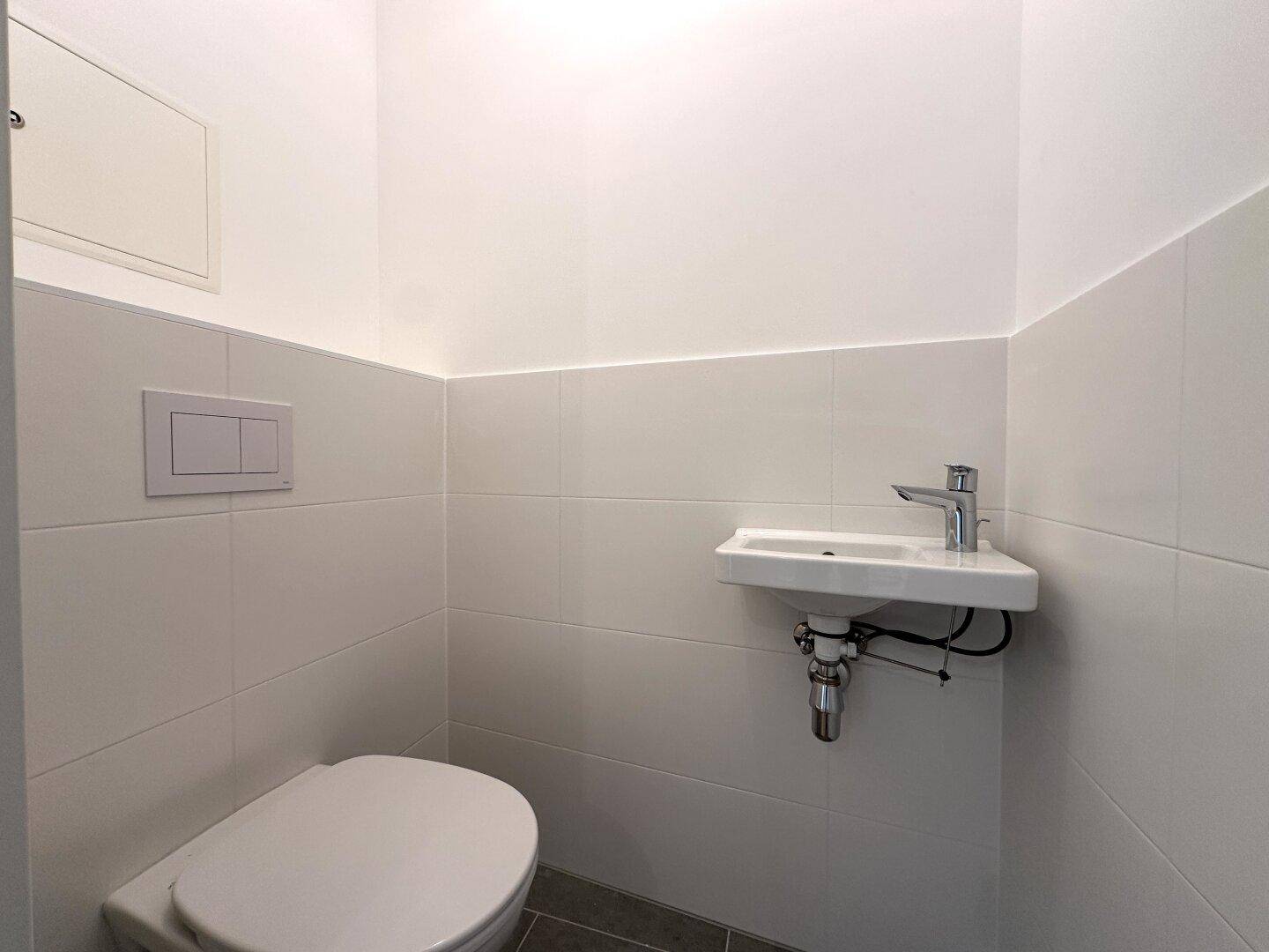 Kleines Gäste-WC mit wandhängender Toilette und einem kompakten Waschbecken.