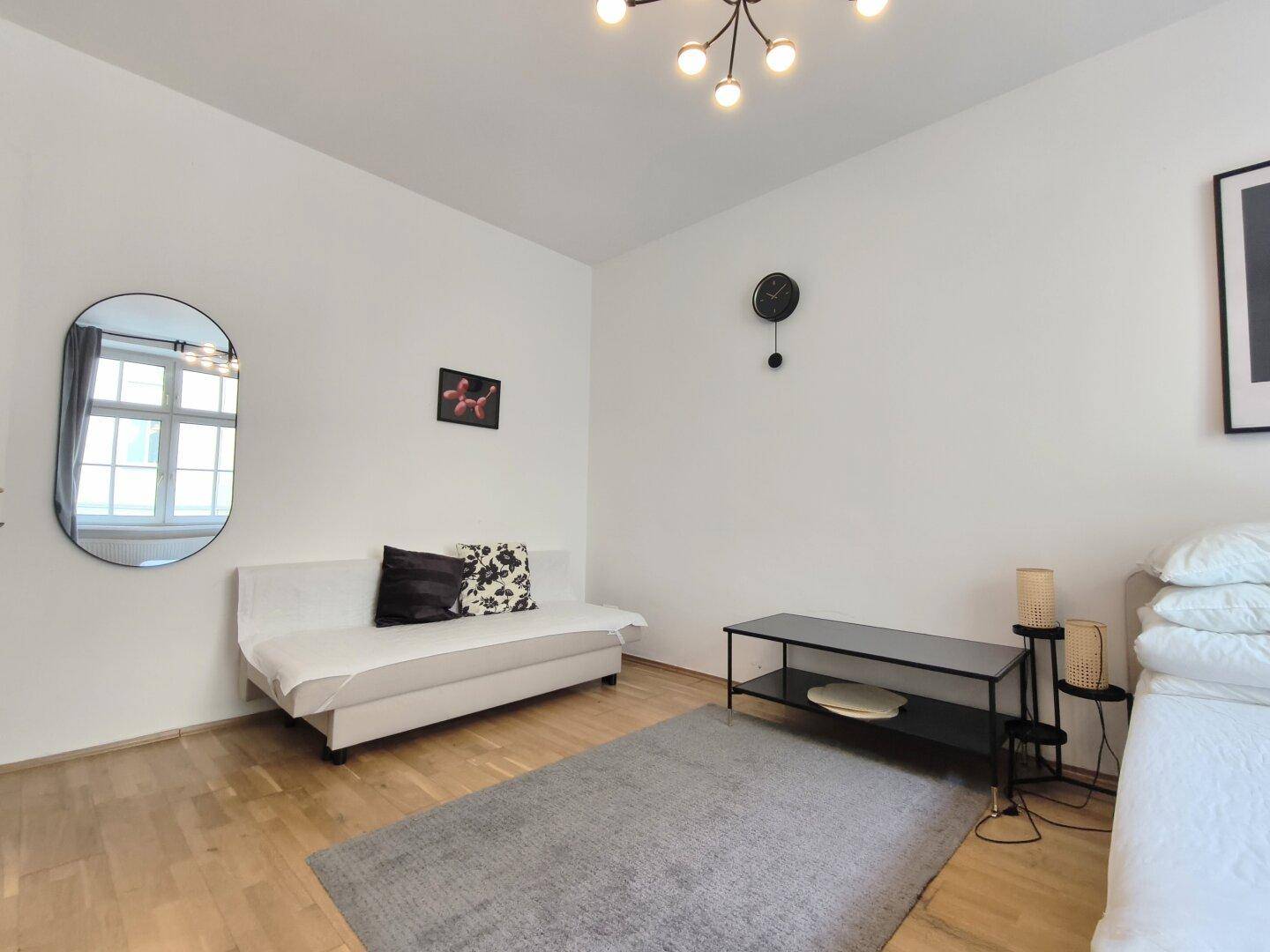 Heller Wohnbereich im Studio-Apartment mit Sofa, Spiegel und Parkettboden.