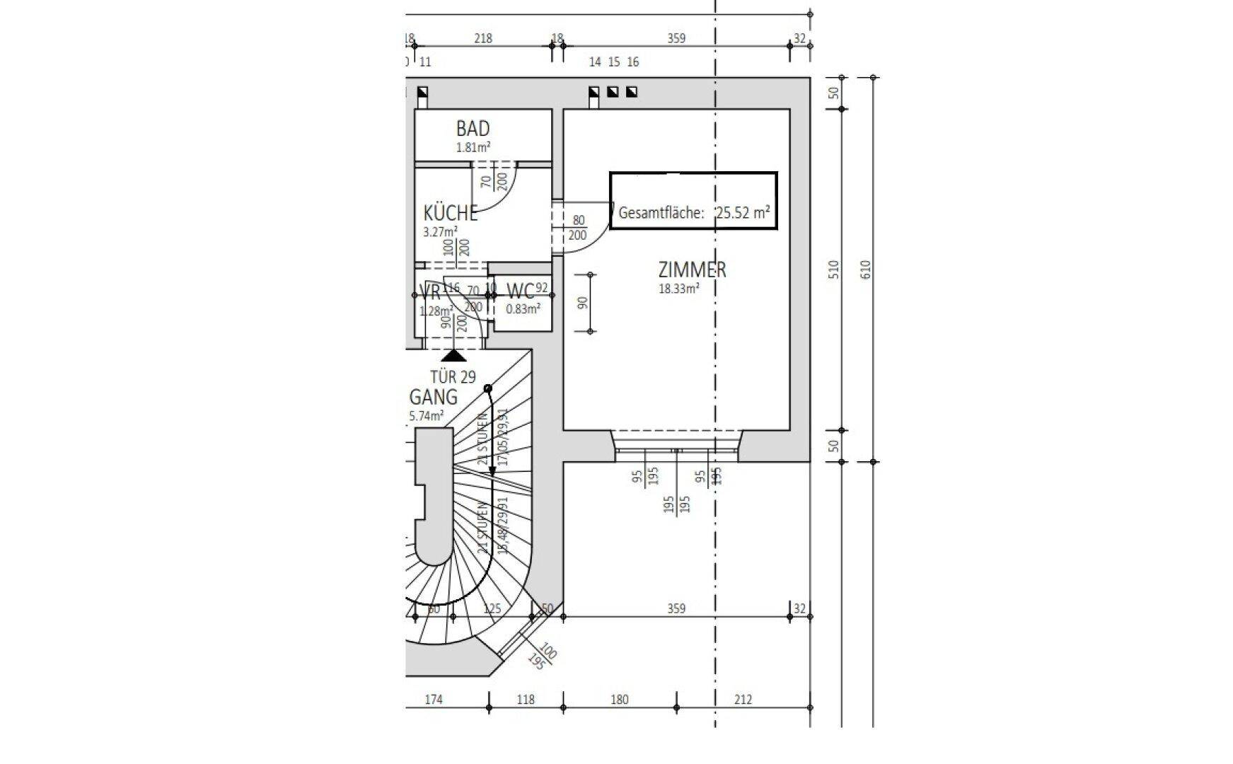 Grundriss einer Wohnung mit Zimmer, Bad, Küche und WC auf 25.52 m² Gesamtfläche.
