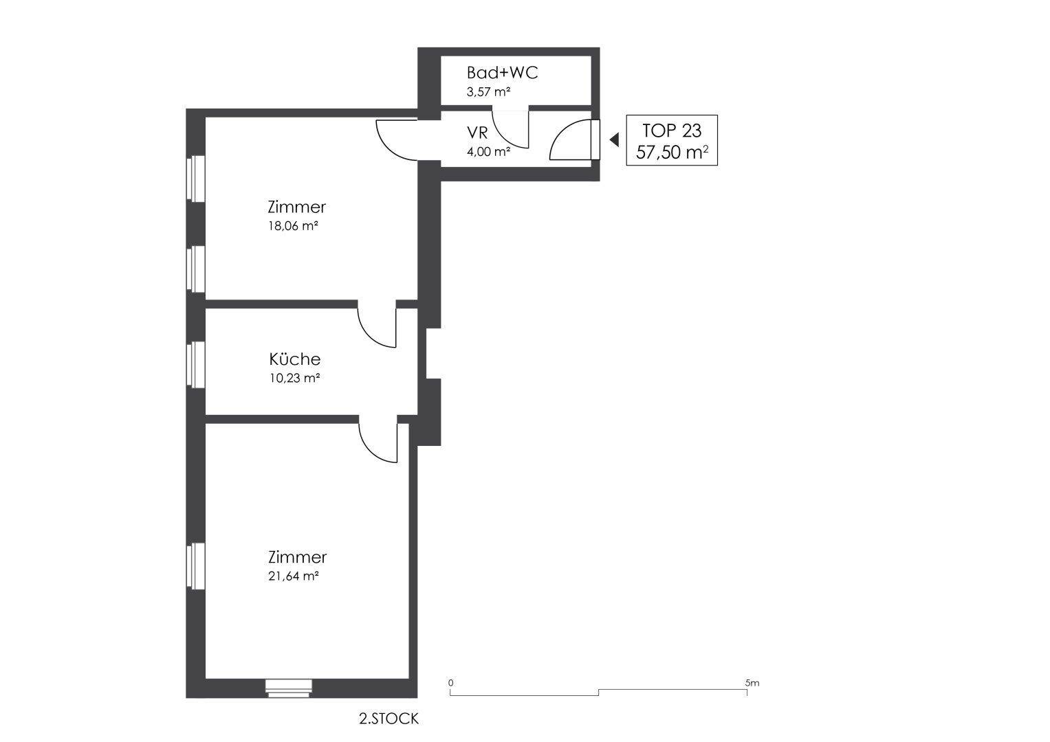 Grundriss der Wohnung TOP 23 mit zwei Zimmern, Küche, Bad und Vorraum auf 57,50 m².