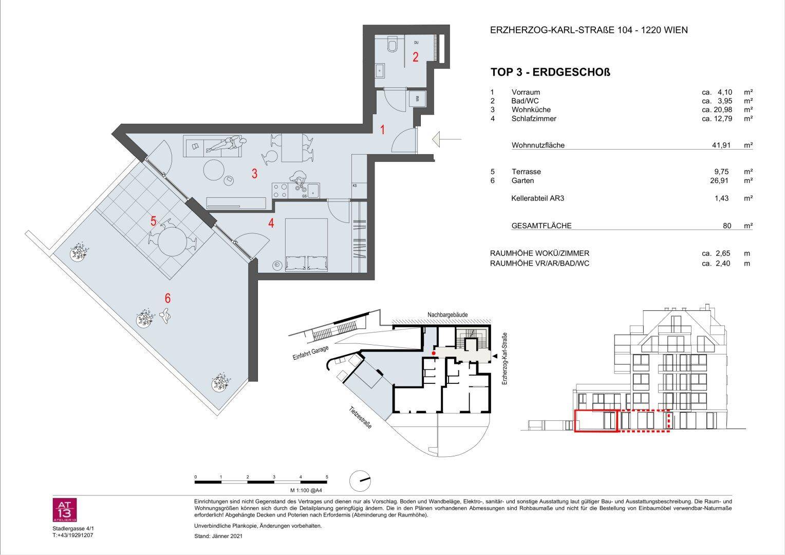 Grundriss des Erdgeschosses mit Wohnküche, Schlafzimmer und großer Terrasse.
