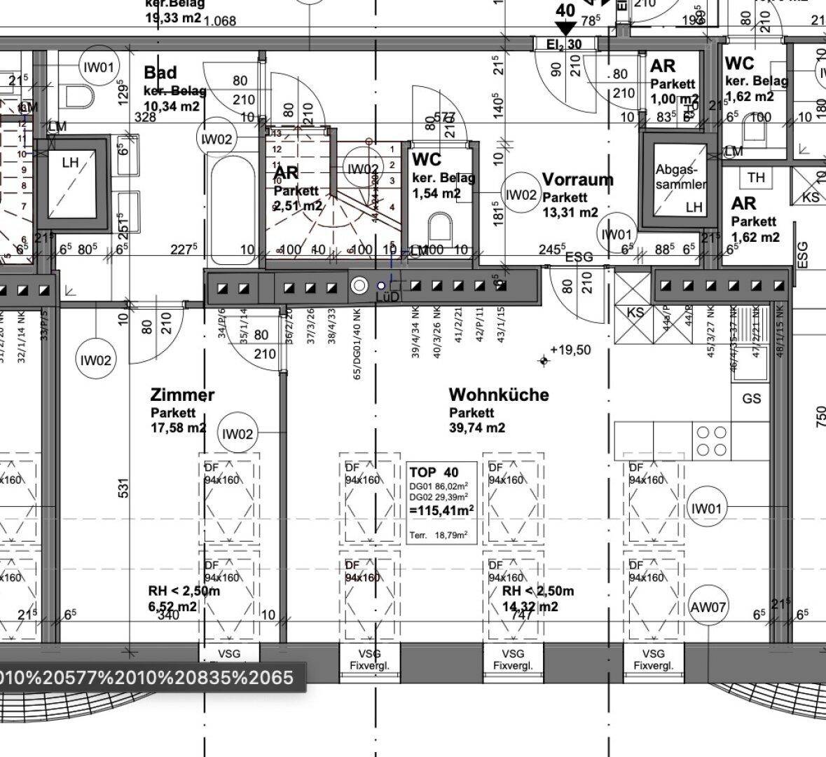 Detaillierter Grundriss einer Wohnung mit Bad, Zimmern und offener Wohnküche.