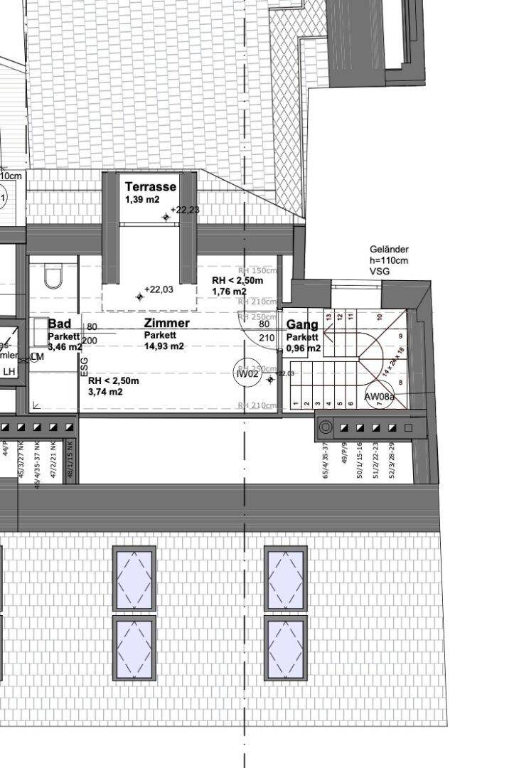 Ausschnitt des Grundrisses mit Bad, Zimmer, Flur, Terrasse und einer internen Treppenverbindung.
