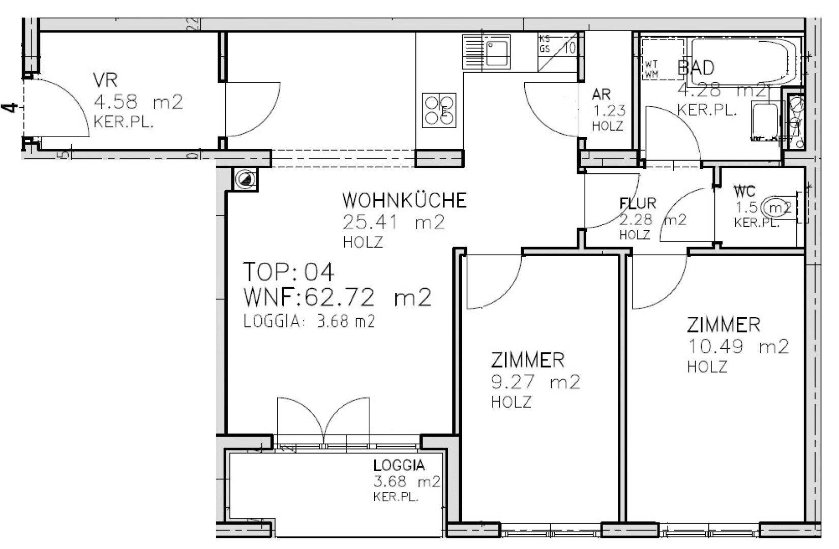 Detaillierter Grundriss einer Wohnung mit Wohnküche, zwei Zimmern und Loggia.