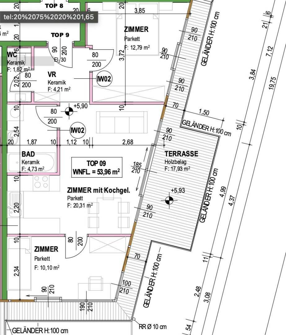 Grundriss einer Wohnung mit drei Zimmern, Bad, WC und einer großen Terrasse.