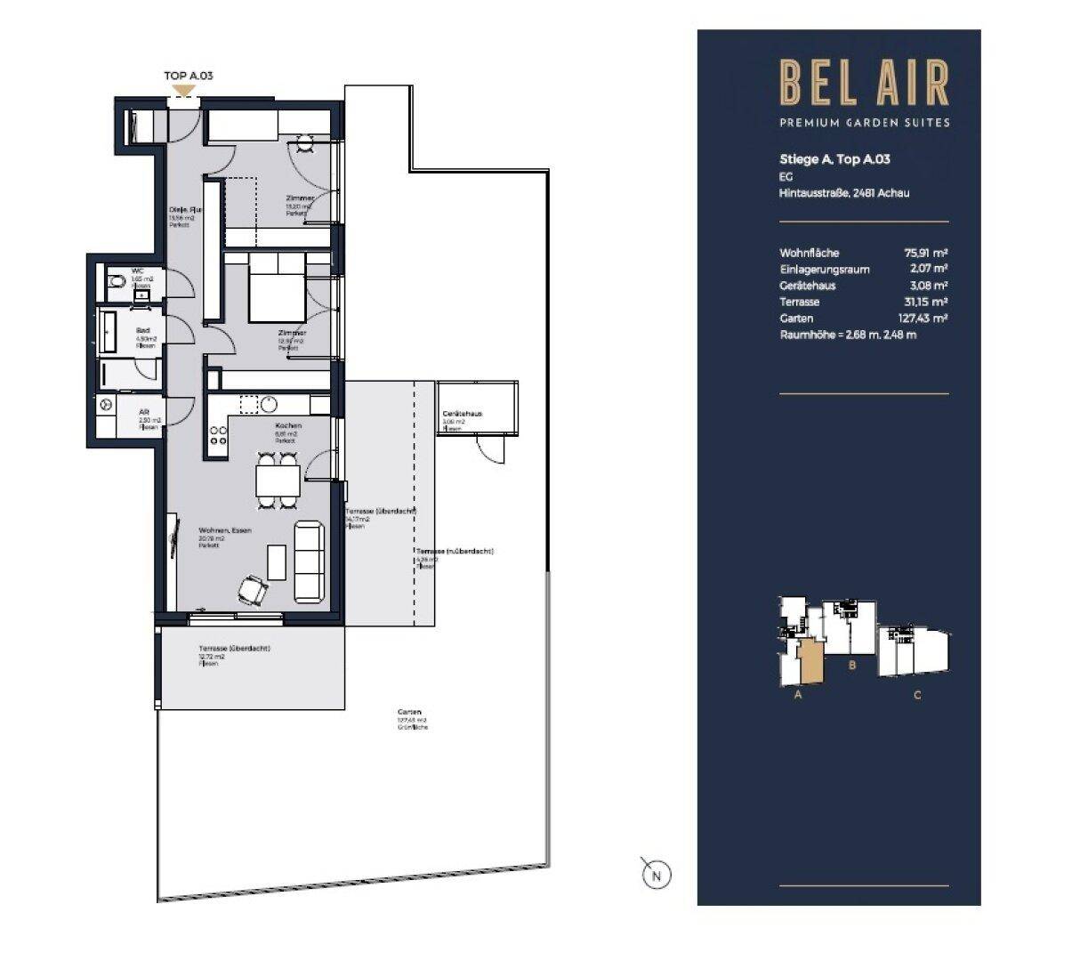 Detaillierter Grundriss einer Erdgeschosswohnung mit Terrasse und Gartenbereich.