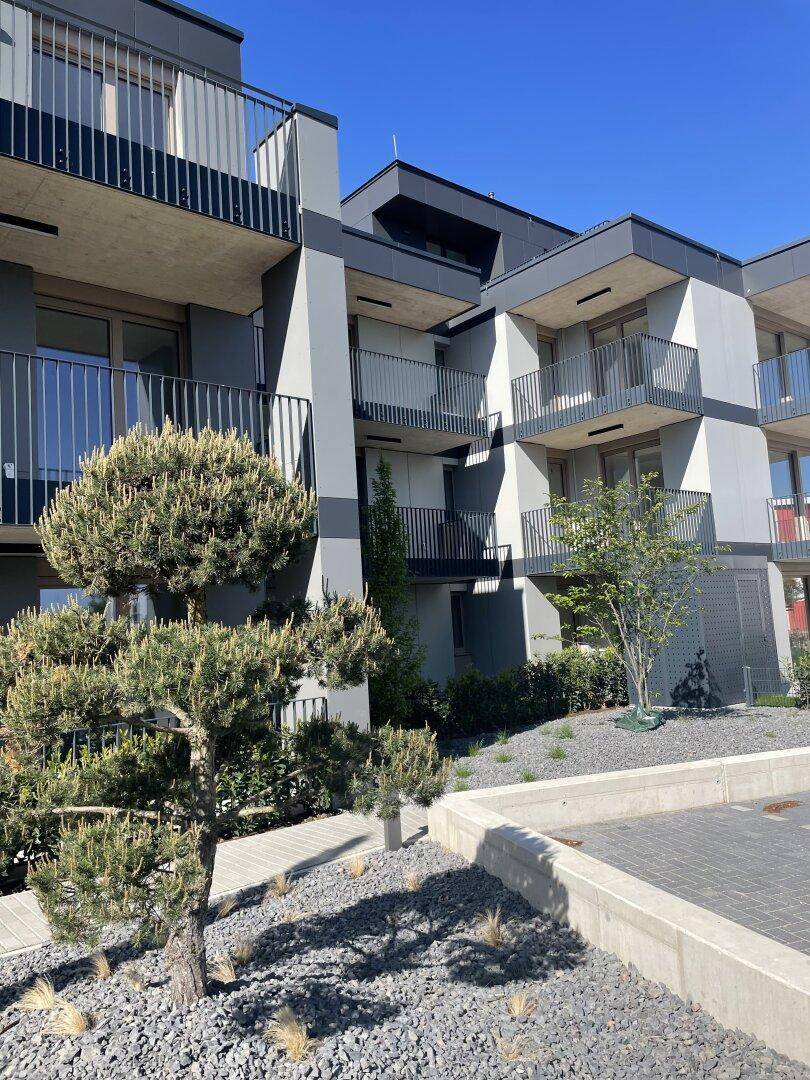 Moderne Wohnanlage mit ansprechender Architektur, Balkonen und gepflegter Außenanlage mit Bäumen.
