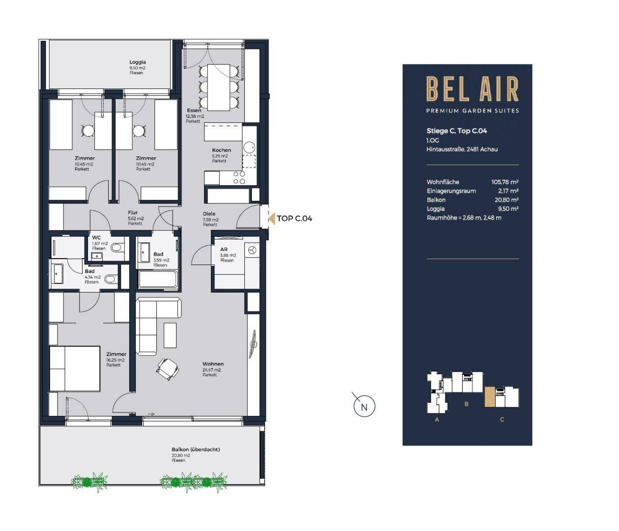 Detaillierter Grundriss einer Wohnung mit mehreren Zimmern, Balkon und Loggia.