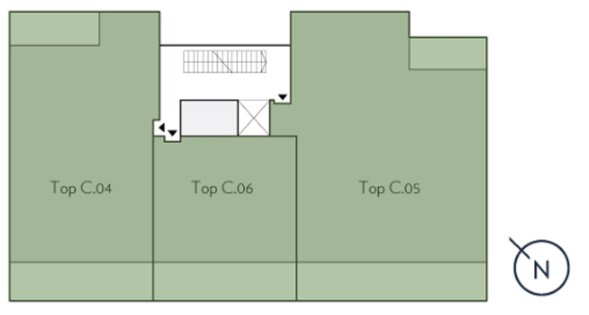 Übersichtsplan der Wohneinheiten auf einer Etage mit Nordausrichtung.