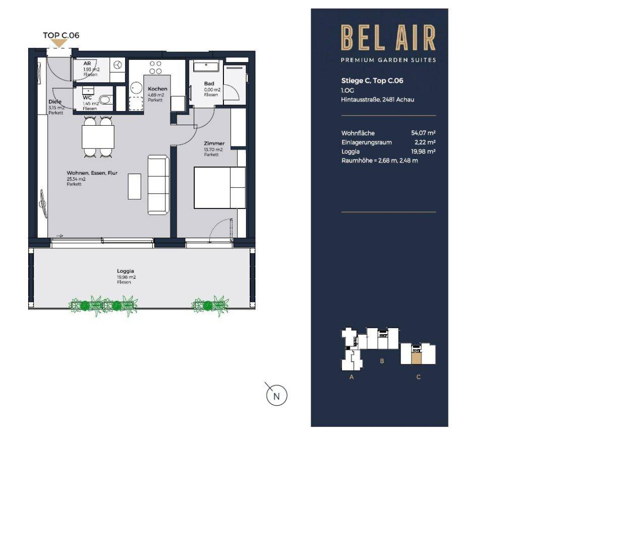Detaillierter Grundriss einer Wohnung mit Wohn-, Ess- und Kochbereich sowie Loggia.