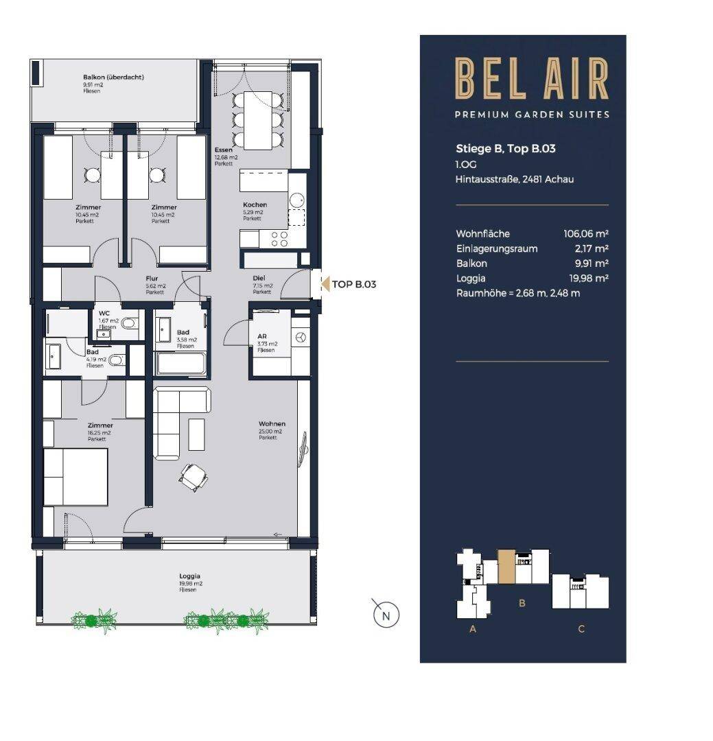 Detaillierter Grundriss einer Wohnung mit mehreren Zimmern, Balkon und Loggia.