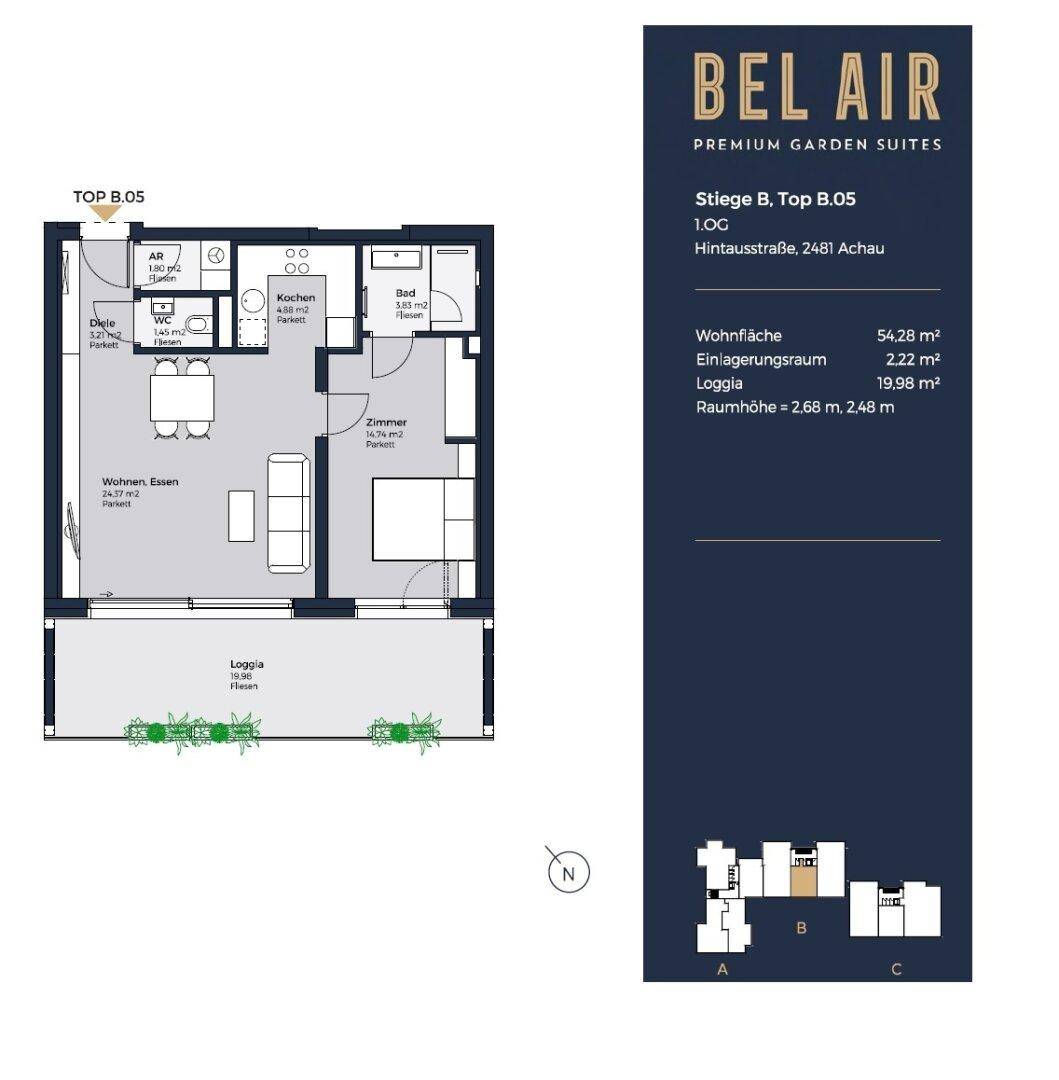 Detaillierter Grundriss der Wohnung Top B.05 mit Wohn-Essbereich, Loggia und Schlafzimmer.