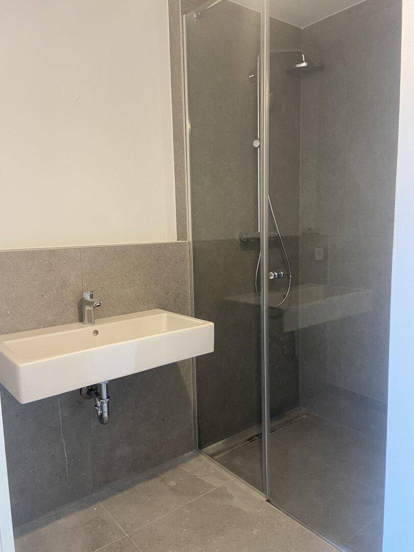 Modernes Badezimmer mit Einzelwaschbecken und begehbarer Dusche, ausgestattet mit grauen Fliesen.