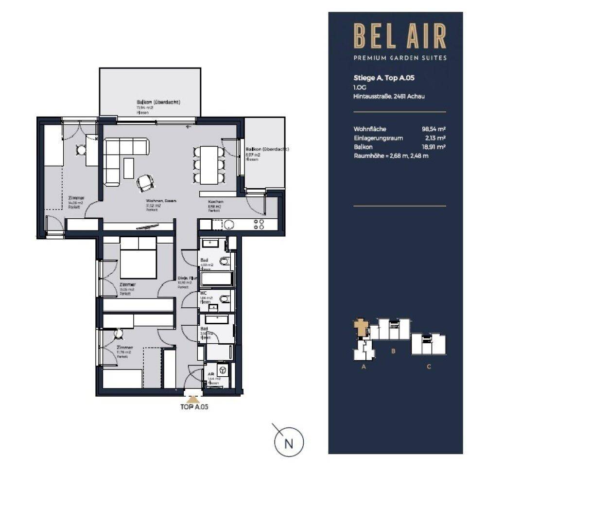 Detaillierter Grundriss einer Wohnung mit Wohn-, Schlaf- und Badezimmerbereichen sowie Balkonen.