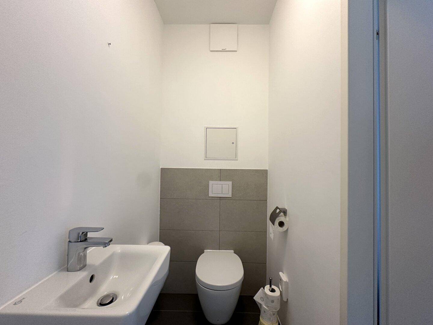 Modernes Gäste-WC mit wandhängender Toilette, kleinem Waschbecken und grauen Fliesen.