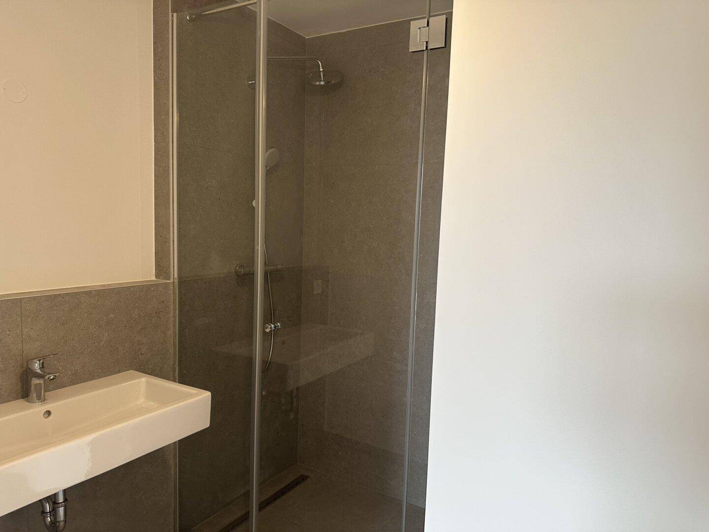 Modernes Badezimmer mit begehbarer Dusche, grauen Fliesen und einem eleganten Waschbecken.