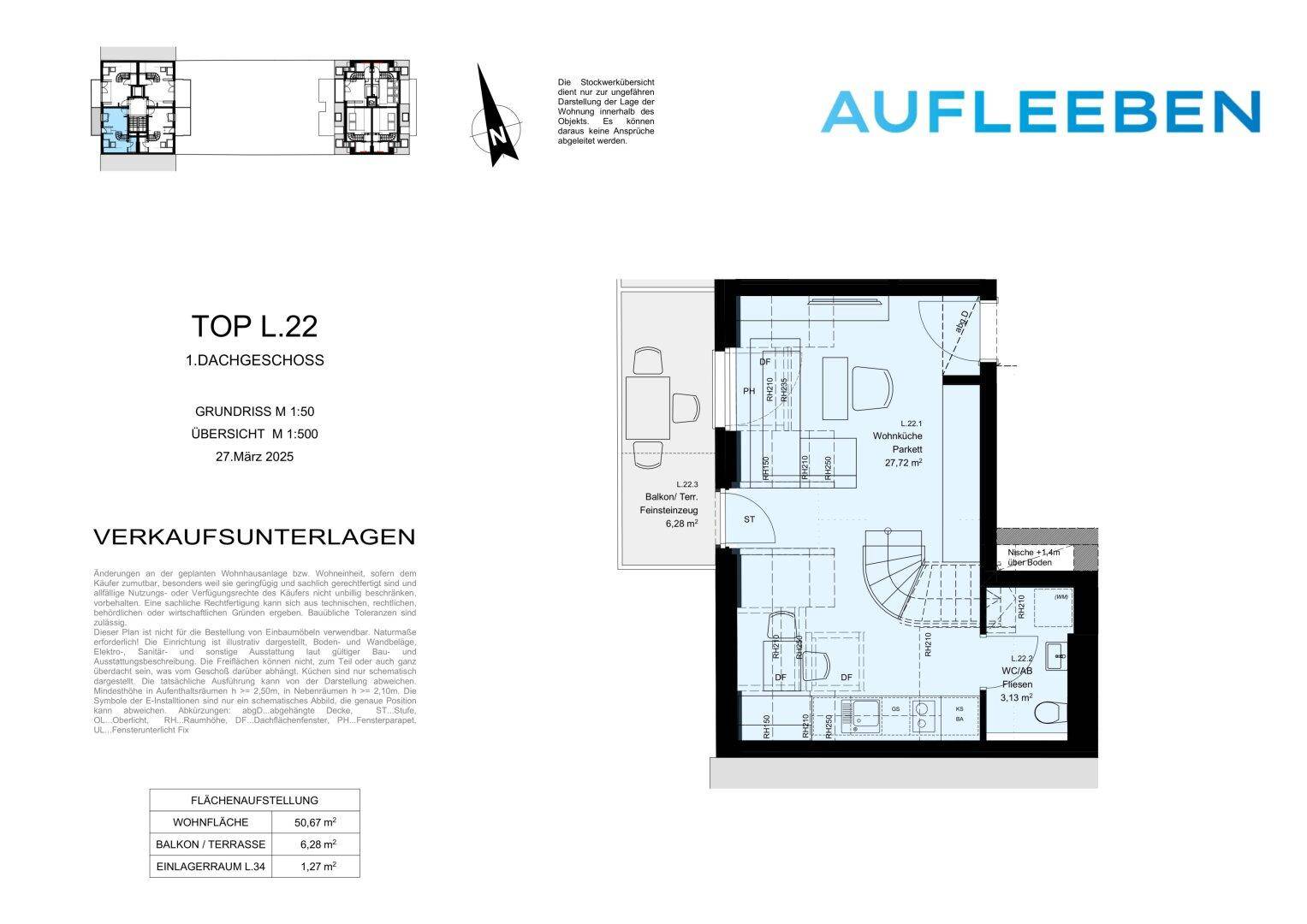 Grundriss des 1. Dachgeschosses einer Maisonette-Wohnung mit Balkon und funktionaler Raumaufteilung.