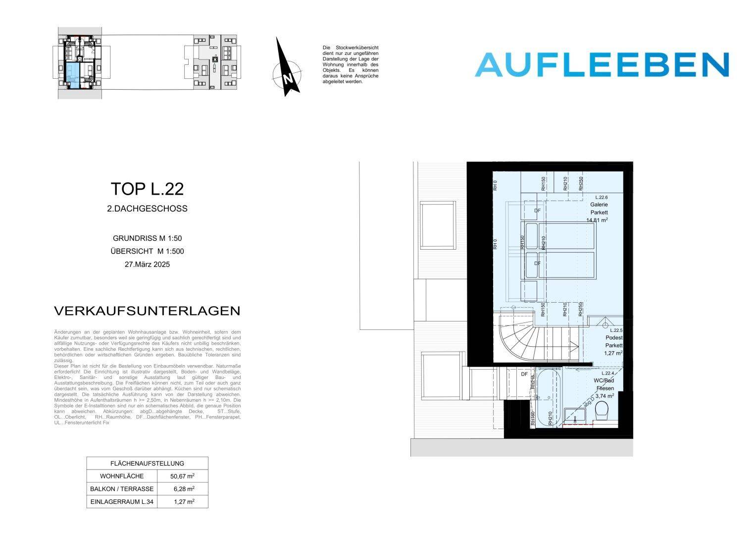 Grundriss des 2. Dachgeschosses einer Maisonette-Wohnung mit Galerie und weiterem Bad.