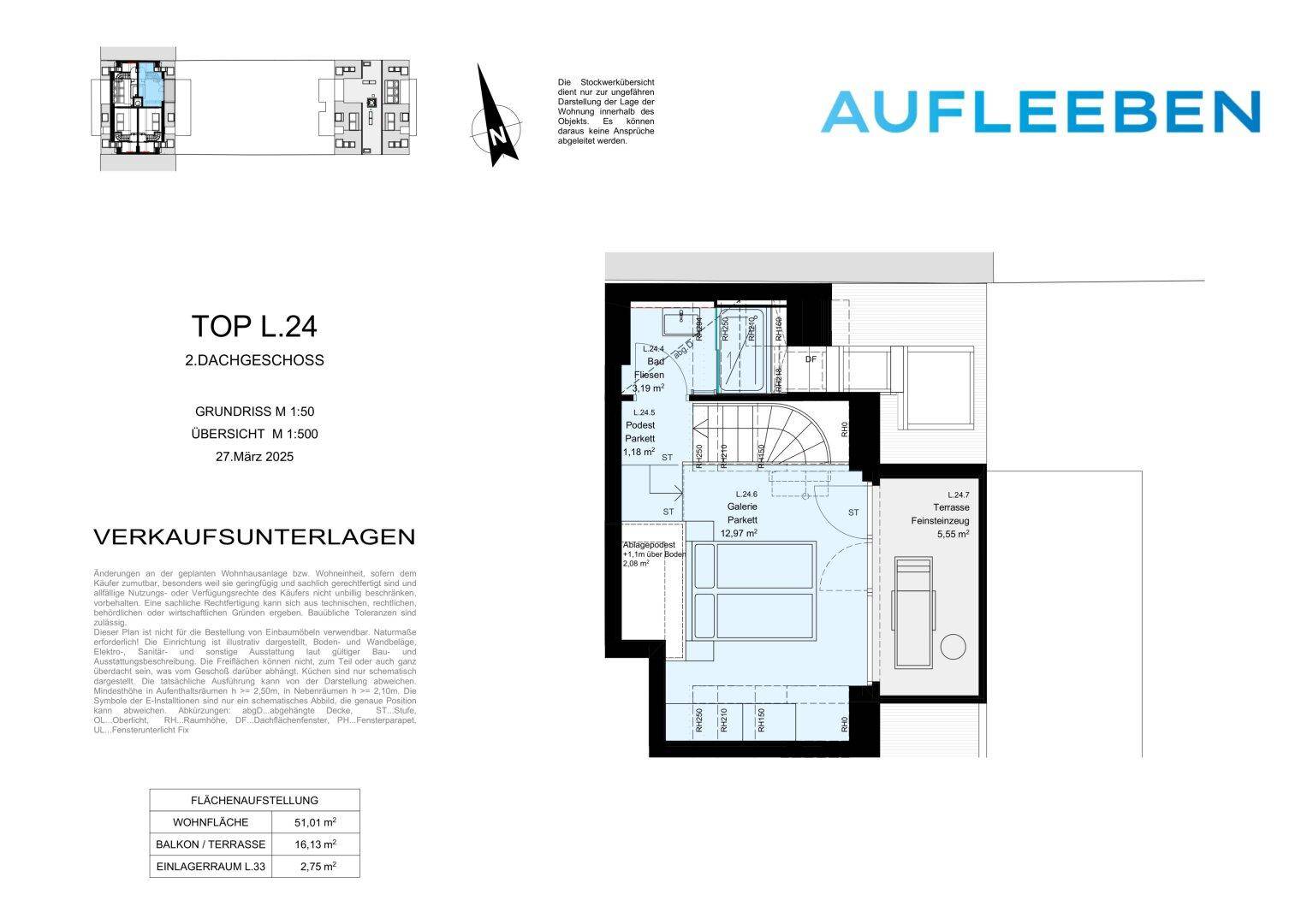 Grundriss des 2. Dachgeschosses mit offenem Galeriebereich, Badezimmer und großer Terrasse.