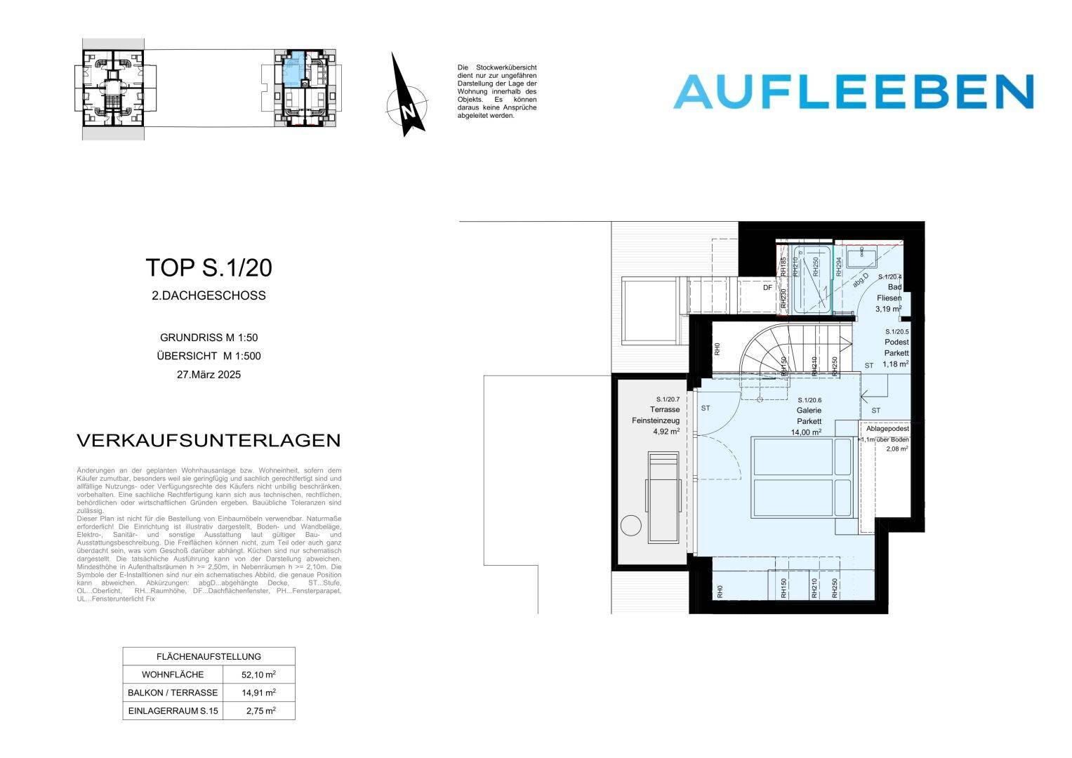 Grundriss des zweiten Dachgeschosses mit Schlafzimmer, Bad, Flur und kleiner Terrasse.