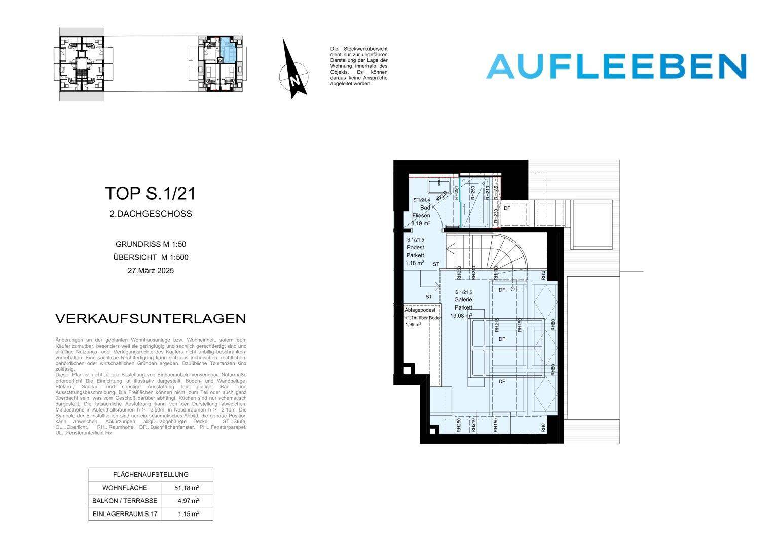 Grundriss des zweiten Dachgeschosses von Einheit S.1/21 mit Schlafzimmer, Badezimmer und einer offenen Galerie.