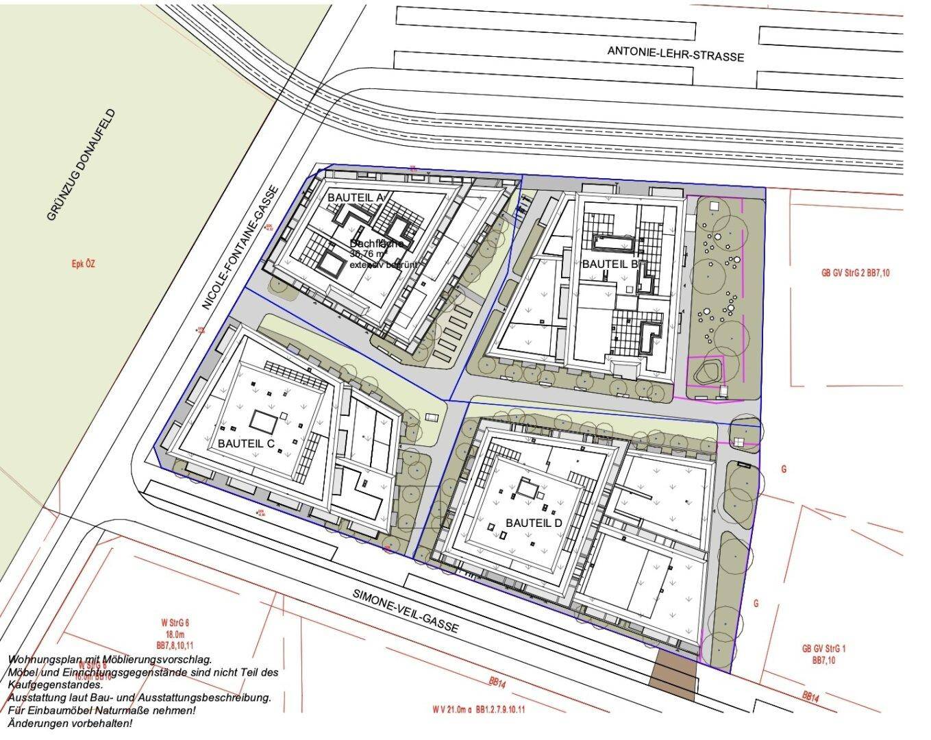 Übersichtsplan des Bauprojekts mit mehreren Gebäudeblöcken und umliegenden Straßen.