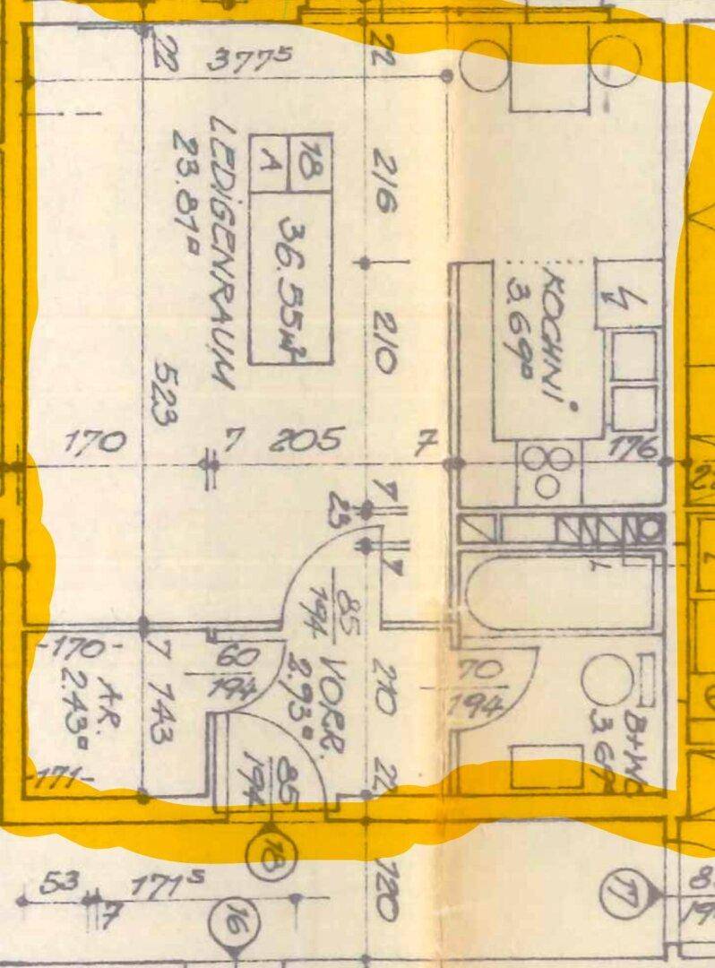 Grundrissplan einer Wohnung mit Wohn-/Schlafbereich, Küche und Bad.
