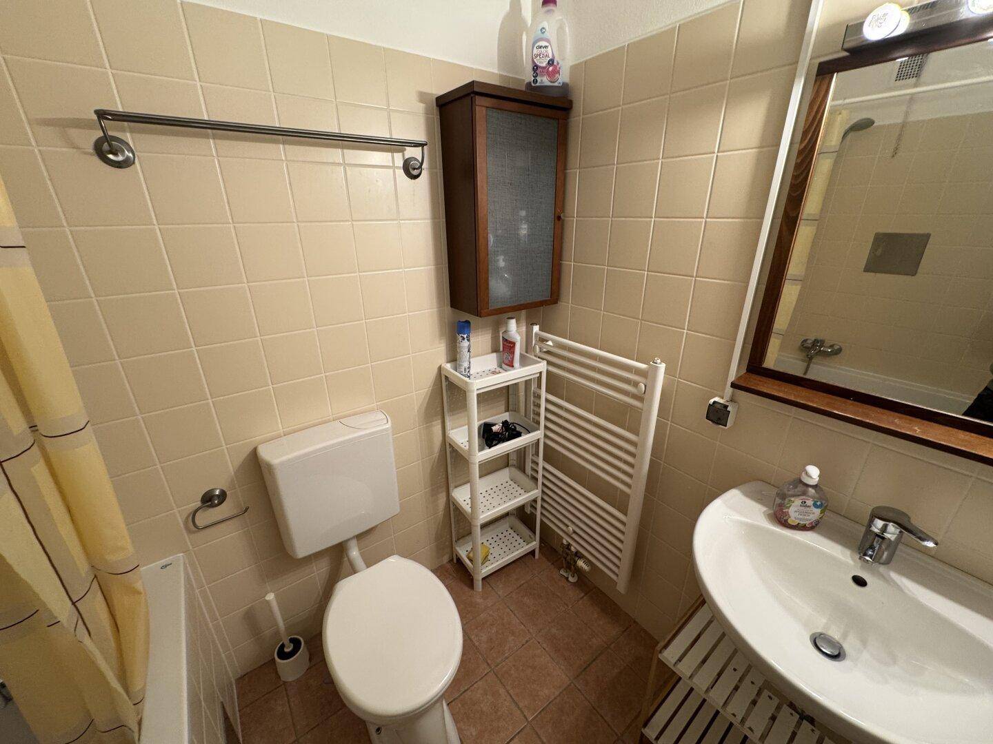 Badezimmer mit WC, Waschbecken, Spiegelschrank und beheiztem Handtuchhalter.