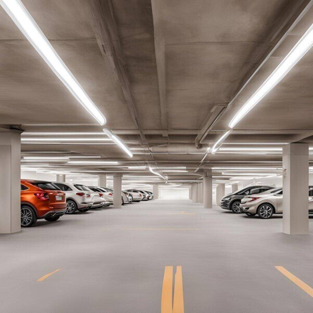 Helle und moderne Tiefgarage mit vielen geparkten Fahrzeugen und langen Leuchtstoffröhren.
