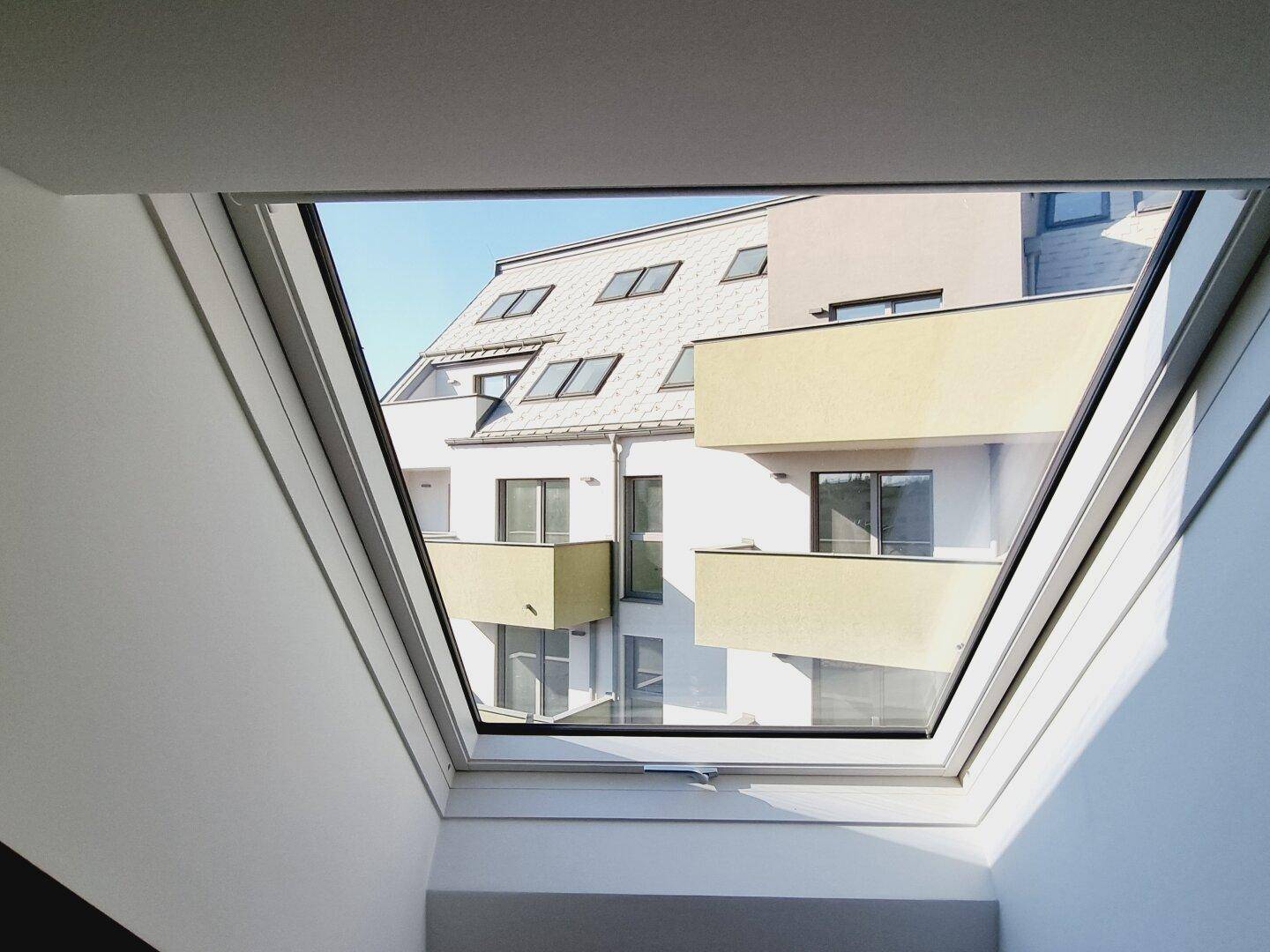 Blick aus einem Dachfenster auf die umliegenden Gebäude und Balkone der Nachbarschaft.