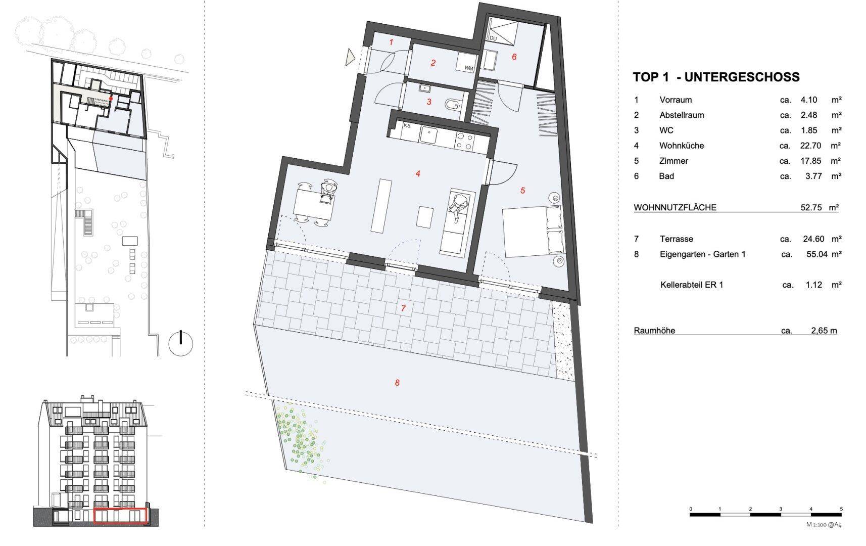 Detaillierter Grundriss der Wohneinheit mit Terrasse und eigenem Gartenbereich.