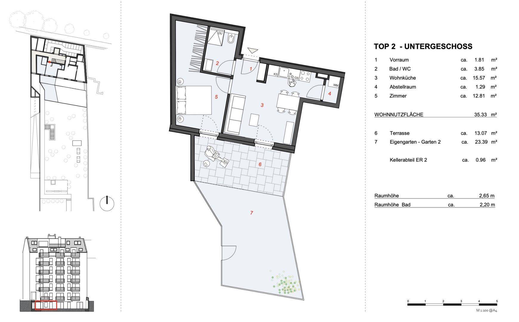 Grundriss für eine Untergeschosswohnung mit Terrasse und Eigengarten.