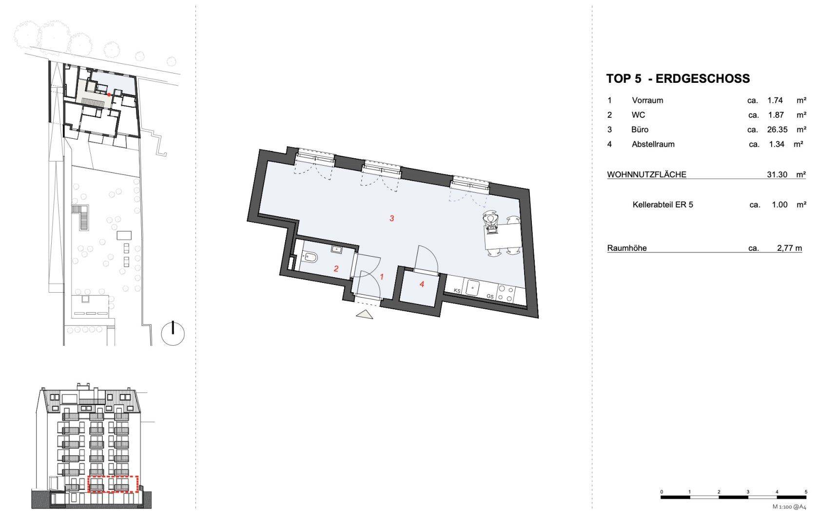 Grundriss des Erdgeschosses mit Wohnnutzfläche und Kellerabteil, inklusive Raummaßen.