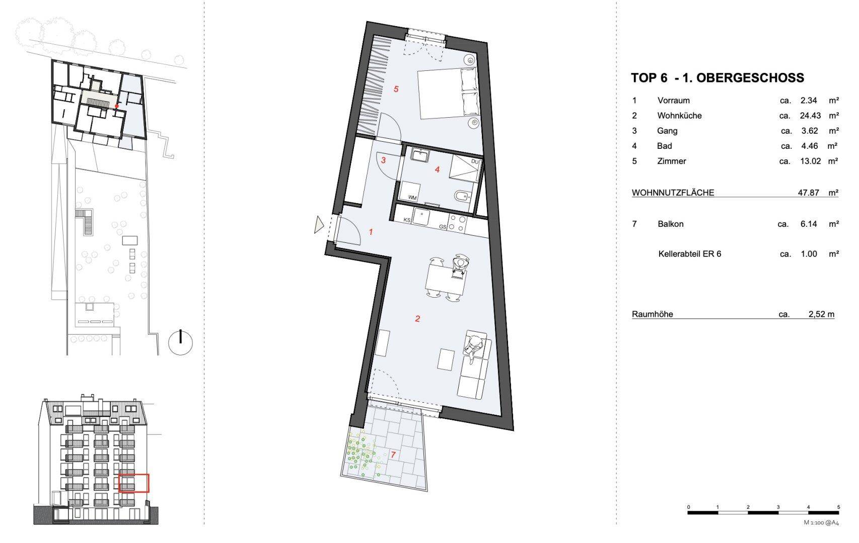 Grundriss der Wohnung Top 6 im ersten Obergeschoss mit Balkon und Wohnküche.