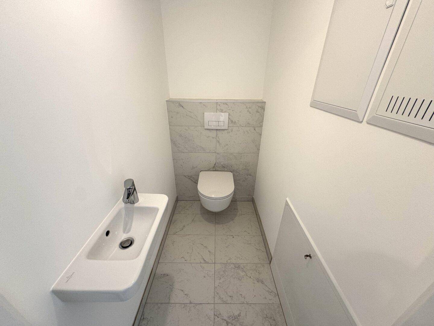 Separates Gäste-WC mit wandhängender Toilette, kleinem Waschbecken und modernen Fliesen.