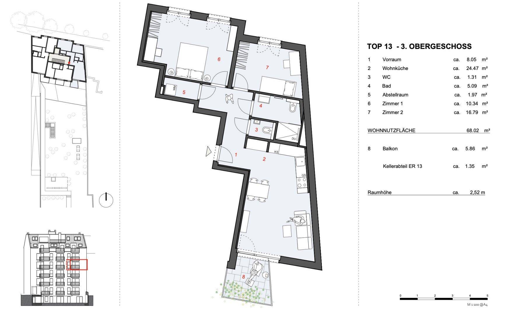 Detaillierter Grundriss der Wohnung TOP 13 im 3. Obergeschoss mit Balkon und Raummaßen.