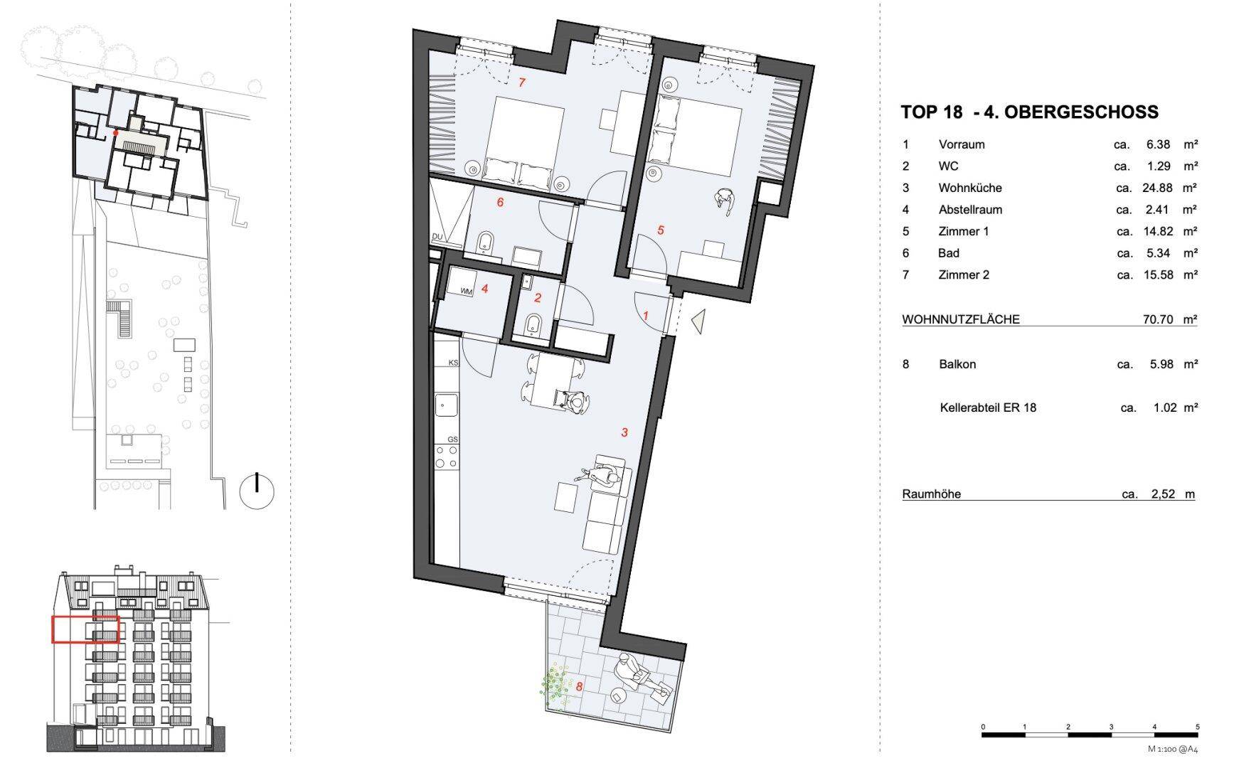 Grundriss der Wohnung TOP 18 im 4. Obergeschoss mit Balkon und 70,70 m² Wohnfläche.