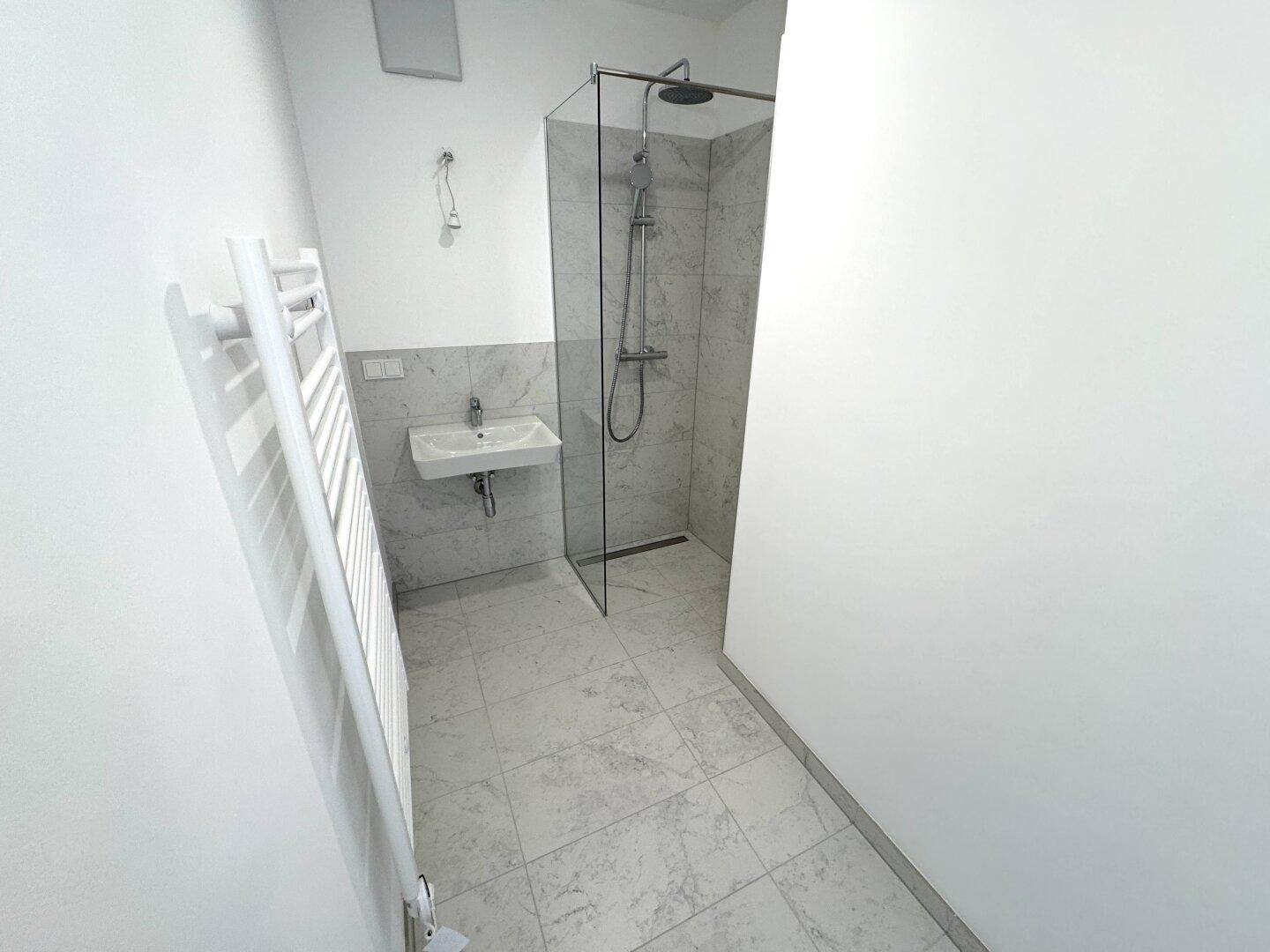 Modernes Badezimmer mit begehbarer Dusche, Einzelwaschbecken und beheiztem Handtuchhalter.
