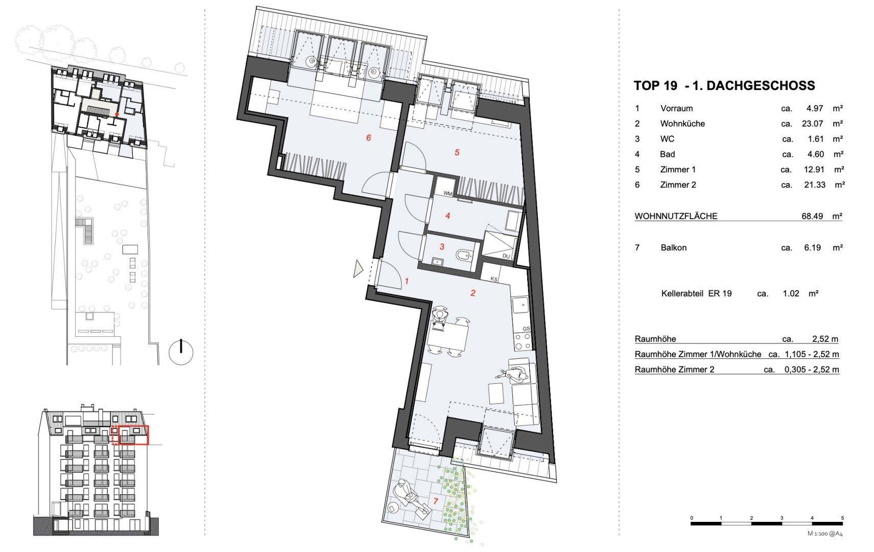 Grundriss für Dachgeschosswohnung TOP 19 mit Wohnküche, zwei Zimmern und Balkon.