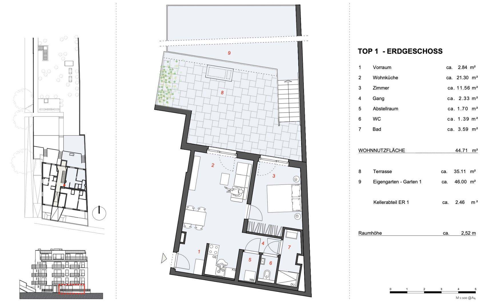 Detaillierter Grundriss der Erdgeschosswohnung Top 1 mit Terrasse und eigenem Gartenbereich.