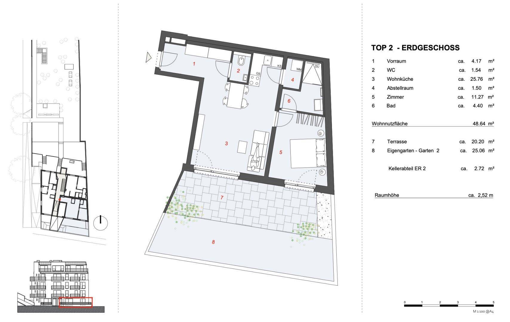 Detaillierter Grundriss der Erdgeschosswohnung mit Terrasse und Gartenbereich.