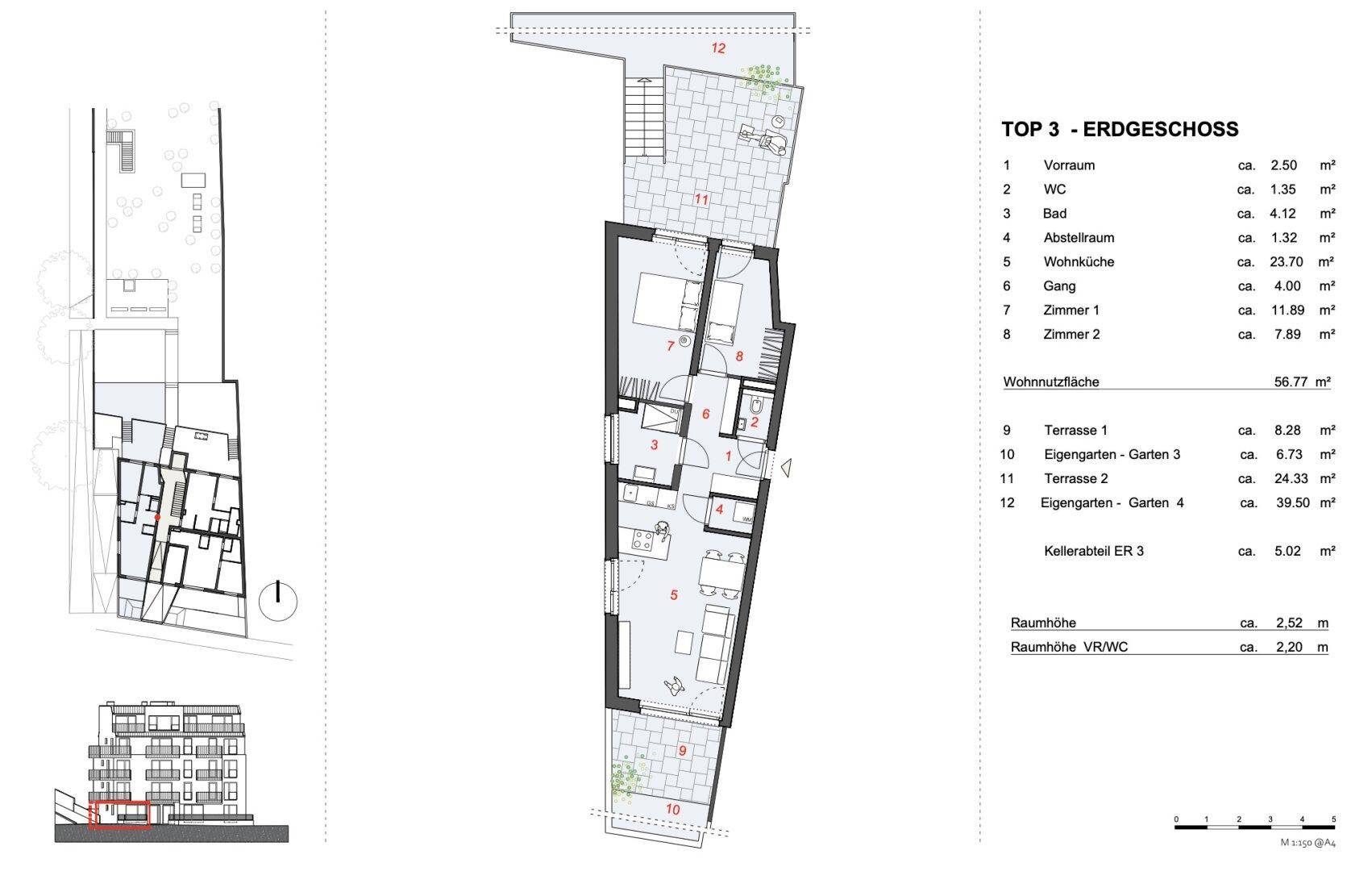 Detaillierter Grundriss einer Erdgeschosswohnung mit Terrasse, Garten und mehreren Zimmern.