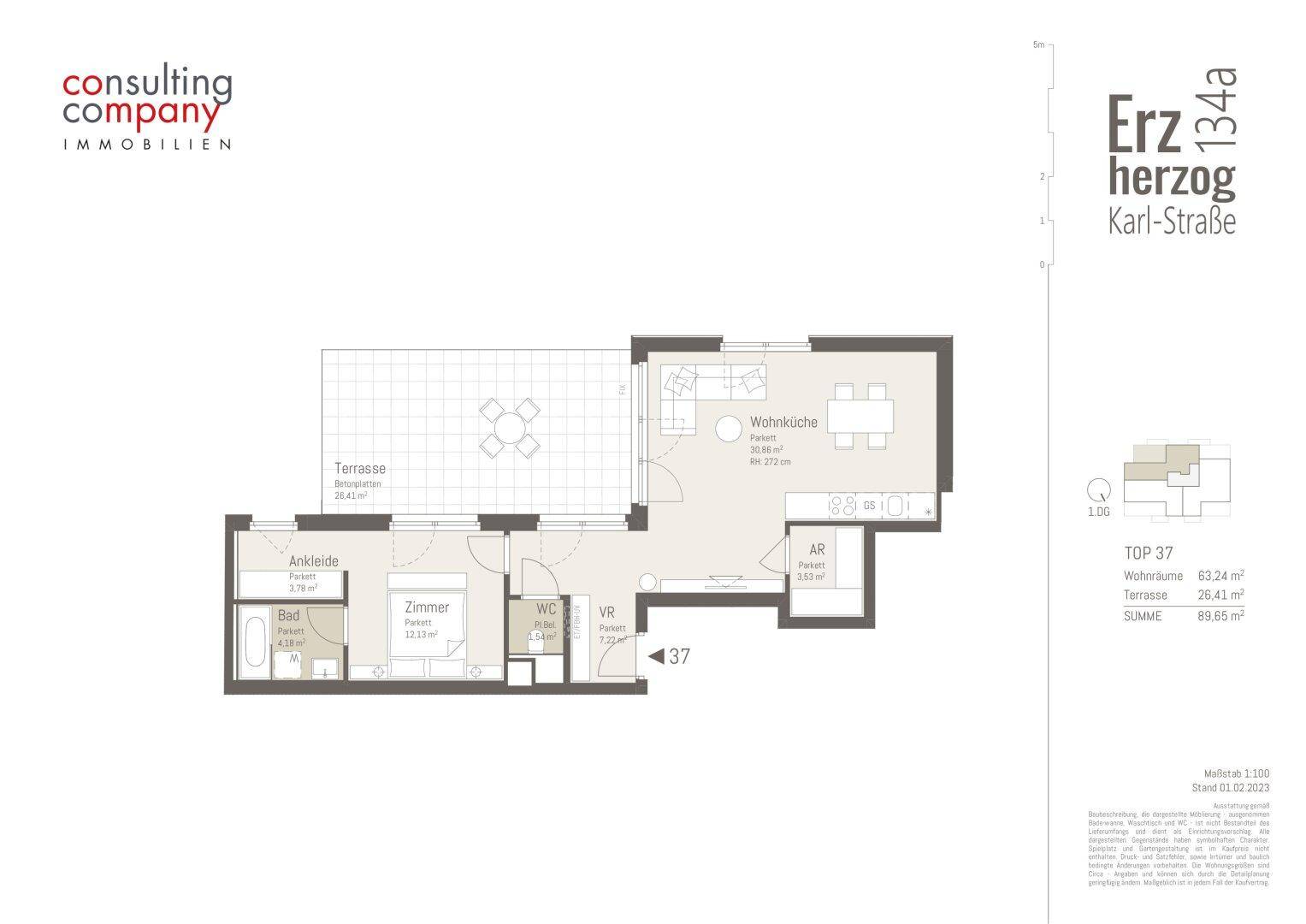 Grundriss einer Wohnung mit Terrasse, Schlafzimmer, Bad und offenem Wohnküchenbereich.