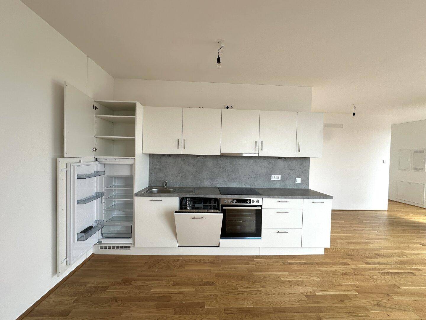 Voll ausgestattete moderne Küche mit integriertem Kühlschrank, Geschirrspüler und Backofen.