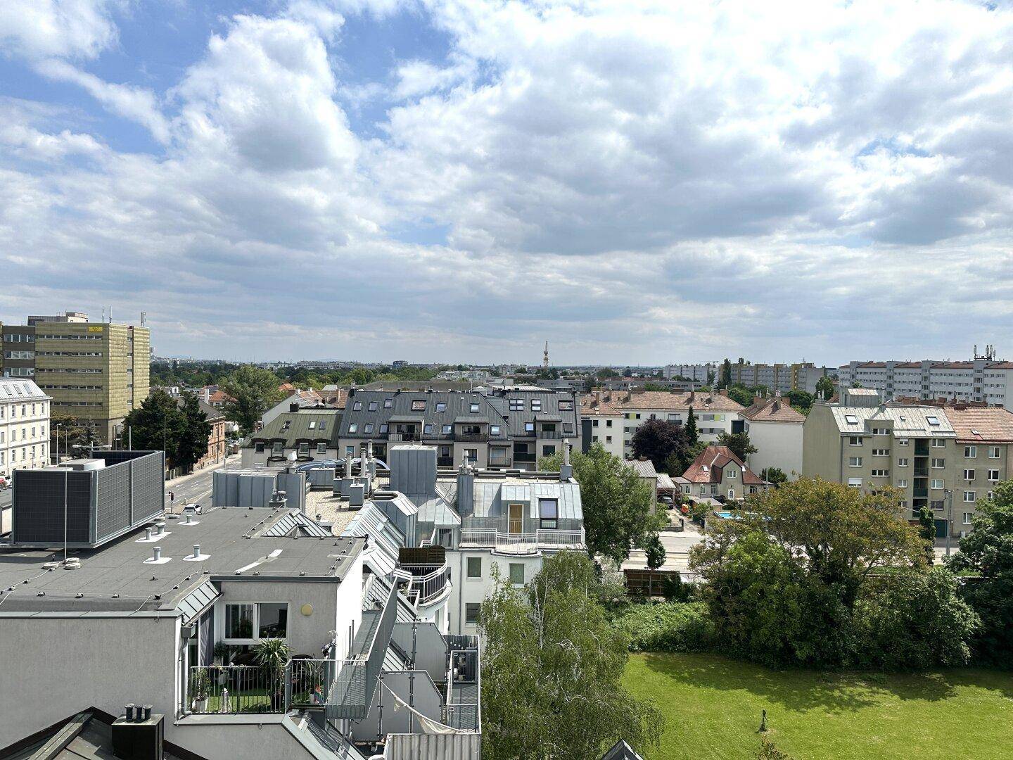 Weitläufiger Blick über die Dächer der Stadt mit Grünflächen und Wohngebäuden.